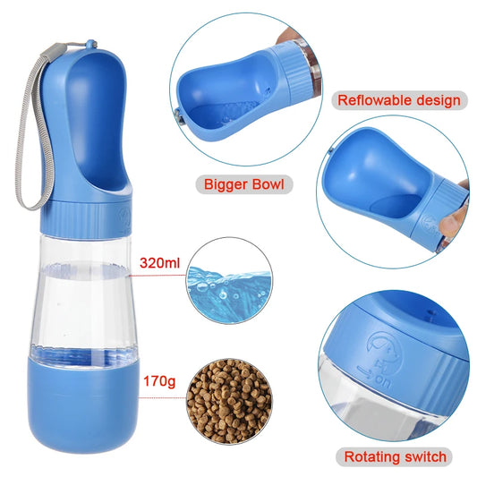 Portable Dog Water Bottle With Food Container Travel 2 in 1