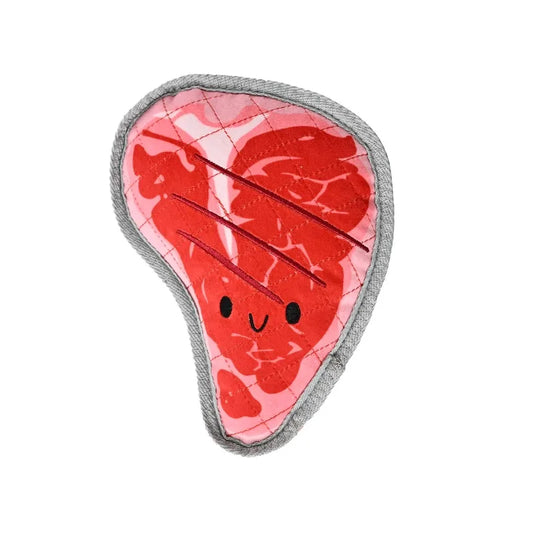 Tough Steak Plush Dog Toy with Squeaker and Crinkle Paper, Chew Level 3